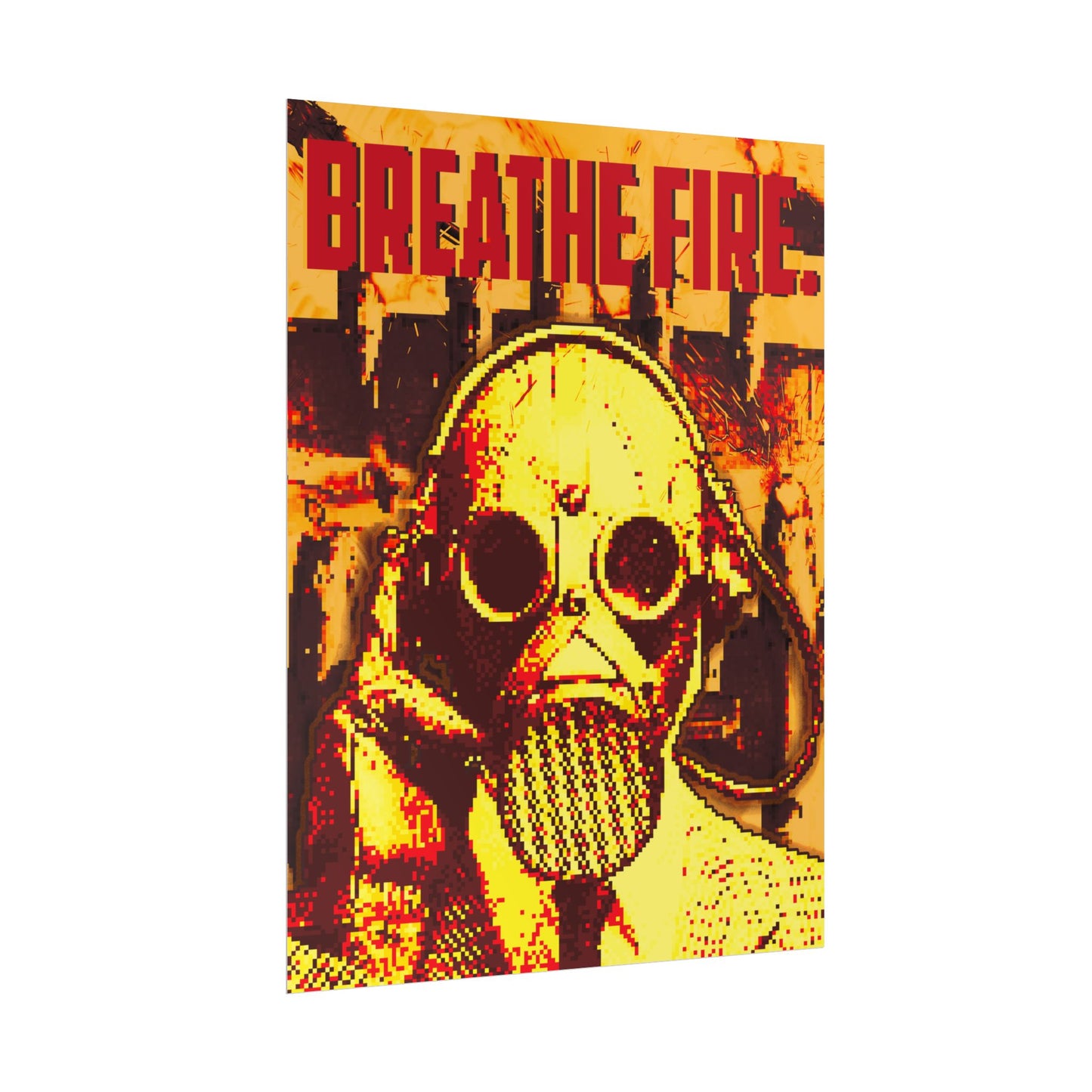 pixel art, gas mask, breathe fire, cyberpunk, retro art, post-apocalyptic, pixel art poster, pixel design, gas mask art, neon colors, digital art, video game art, pixelated poster, gaming decor, vintage style, fire theme, orange poster, yellow poster, pixel aesthetics, edgy decor, bold art, modern wall art, statement art, pixel graphics, retro gaming, digital illustration, pixel art character, pixel mask, cyberpunk art, dystopian art, urban art, street art, digital poster, pixel portrait, neon poster, pixel
