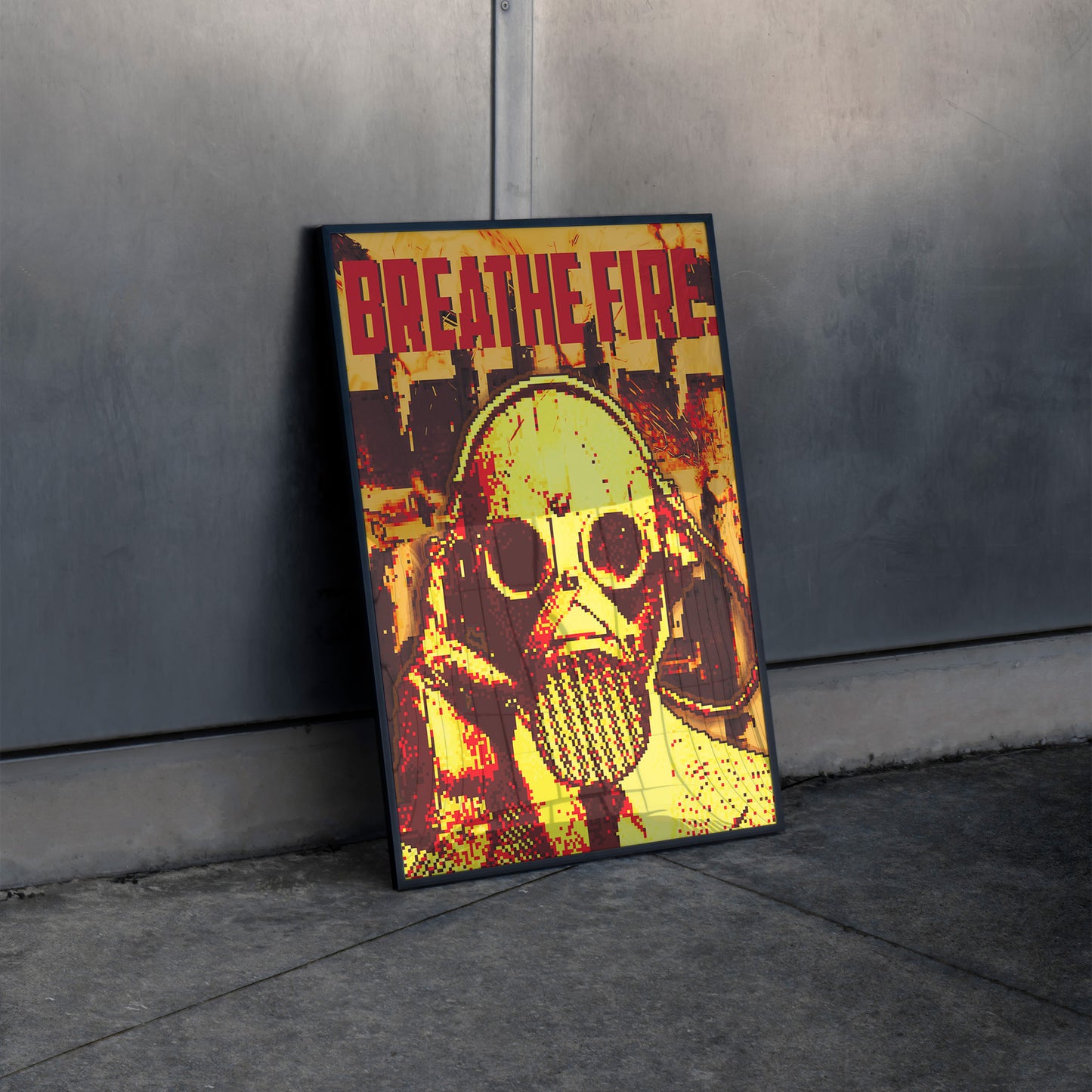 pixel art, gas mask, breathe fire, cyberpunk, retro art, post-apocalyptic, pixel art poster, pixel design, gas mask art, neon colors, digital art, video game art, pixelated poster, gaming decor, vintage style, fire theme, orange poster, yellow poster, pixel aesthetics, edgy decor, bold art, modern wall art, statement art, pixel graphics, retro gaming, digital illustration, pixel art character, pixel mask, cyberpunk art, dystopian art, urban art, street art, digital poster, pixel portrait, neon poster, pixel