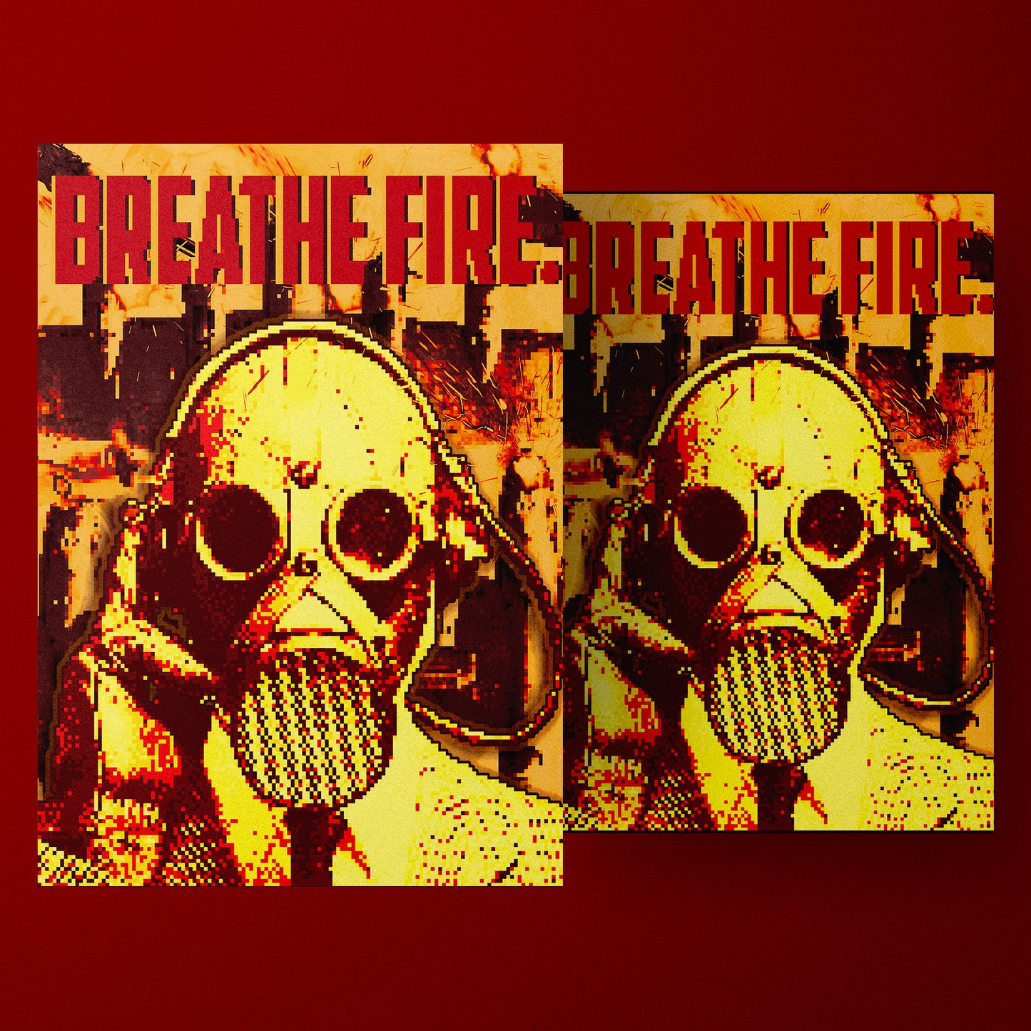 pixel art, gas mask, breathe fire, cyberpunk, retro art, post-apocalyptic, pixel art poster, pixel design, gas mask art, neon colors, digital art, video game art, pixelated poster, gaming decor, vintage style, fire theme, orange poster, yellow poster, pixel aesthetics, edgy decor, bold art, modern wall art, statement art, pixel graphics, retro gaming, digital illustration, pixel art character, pixel mask, cyberpunk art, dystopian art, urban art, street art, digital poster, pixel portrait, neon poster, pixel