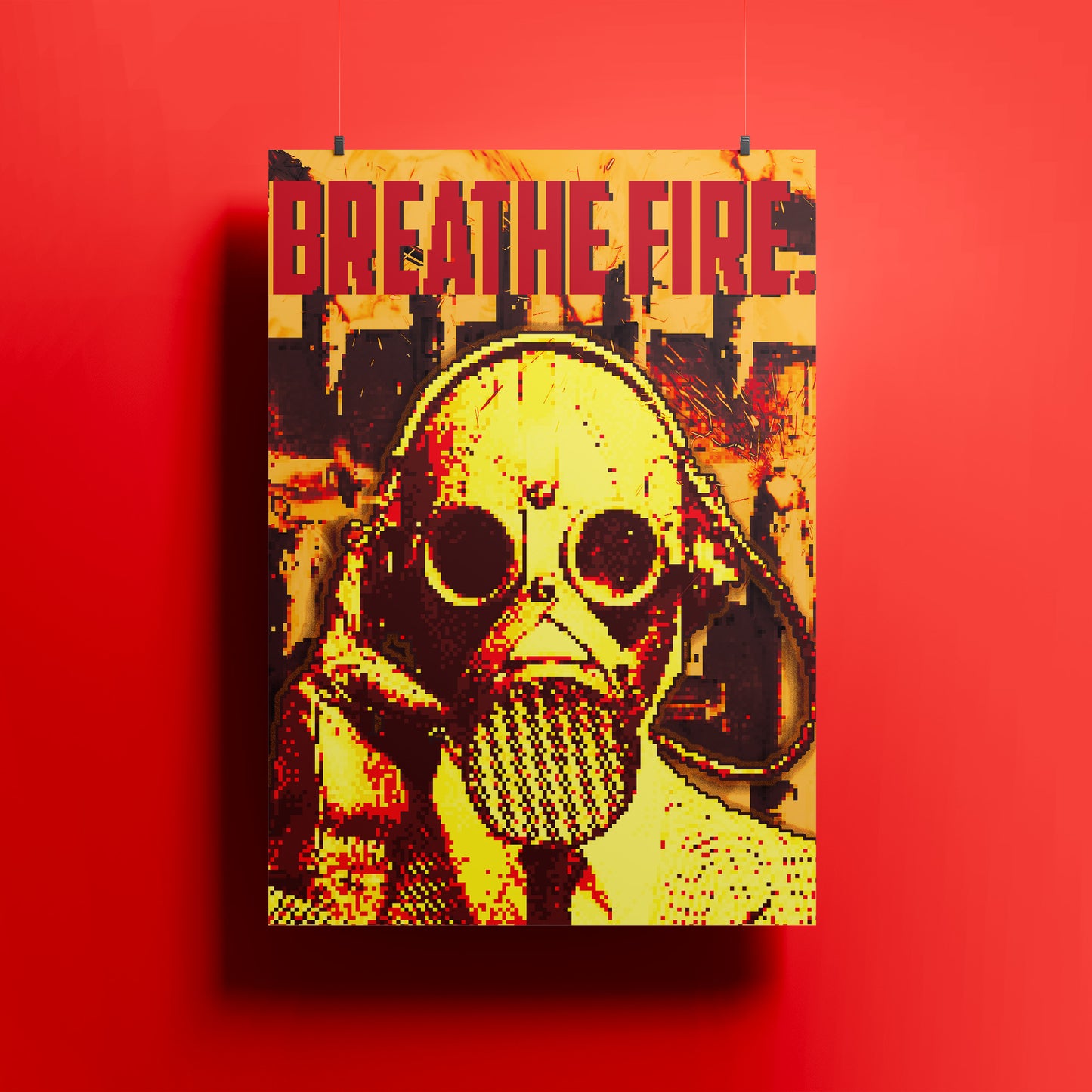 pixel art, gas mask, breathe fire, cyberpunk, retro art, post-apocalyptic, pixel art poster, pixel design, gas mask art, neon colors, digital art, video game art, pixelated poster, gaming decor, vintage style, fire theme, orange poster, yellow poster, pixel aesthetics, edgy decor, bold art, modern wall art, statement art, pixel graphics, retro gaming, digital illustration, pixel art character, pixel mask, cyberpunk art, dystopian art, urban art, street art, digital poster, pixel portrait, neon poster, pixel