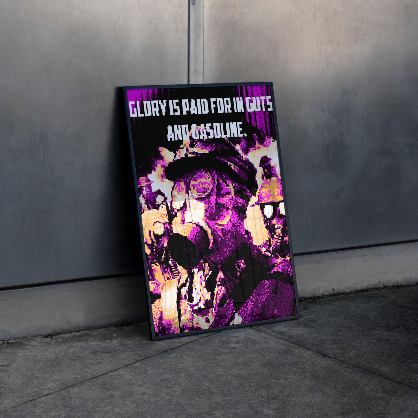 Glory Is Paid For in Guts and Gasoline - Retro Cyberpunk Gas Mask Poster