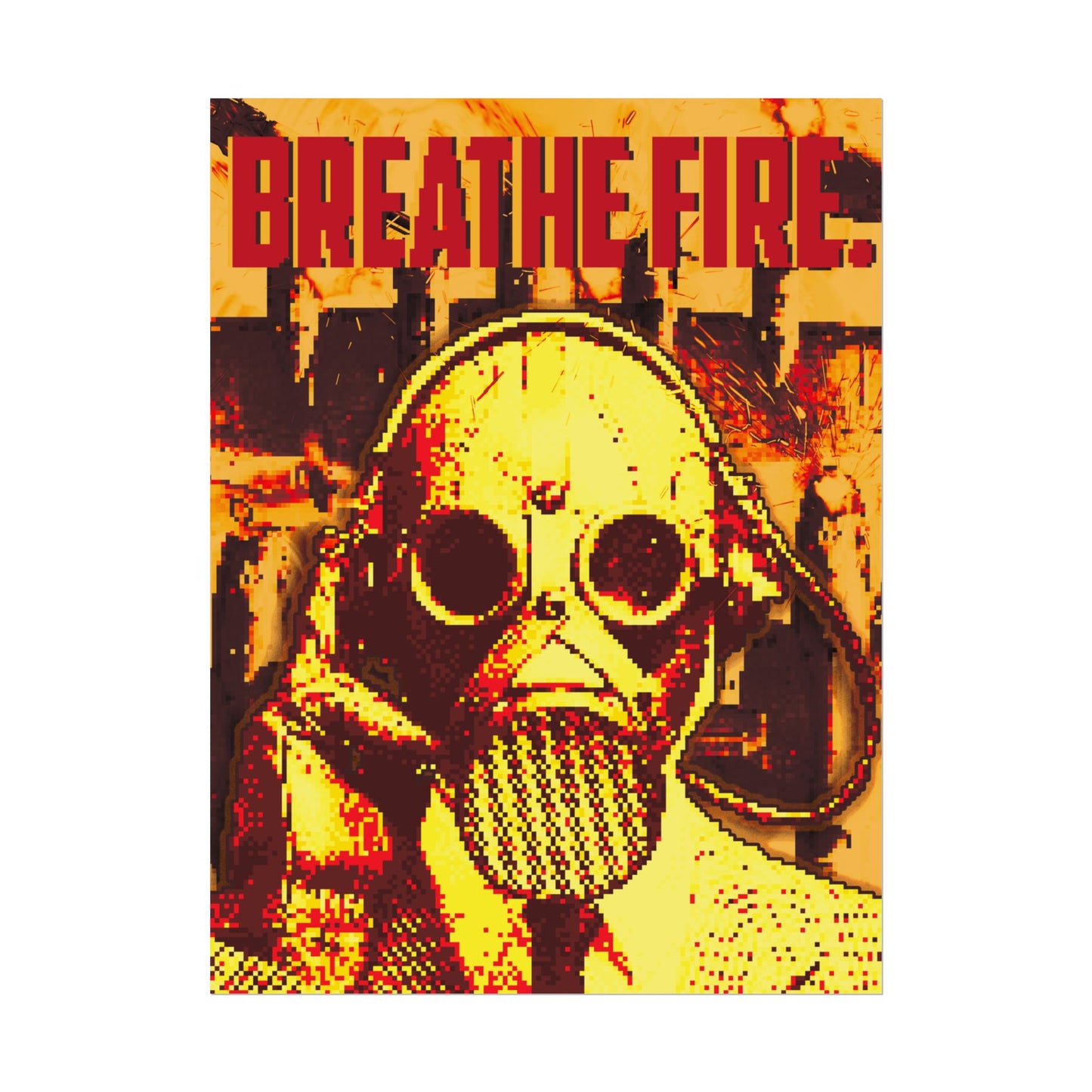 pixel art, gas mask, breathe fire, cyberpunk, retro art, post-apocalyptic, pixel art poster, pixel design, gas mask art, neon colors, digital art, video game art, pixelated poster, gaming decor, vintage style, fire theme, orange poster, yellow poster, pixel aesthetics, edgy decor, bold art, modern wall art, statement art, pixel graphics, retro gaming, digital illustration, pixel art character, pixel mask, cyberpunk art, dystopian art, urban art, street art, digital poster, pixel portrait, neon poster, pixel