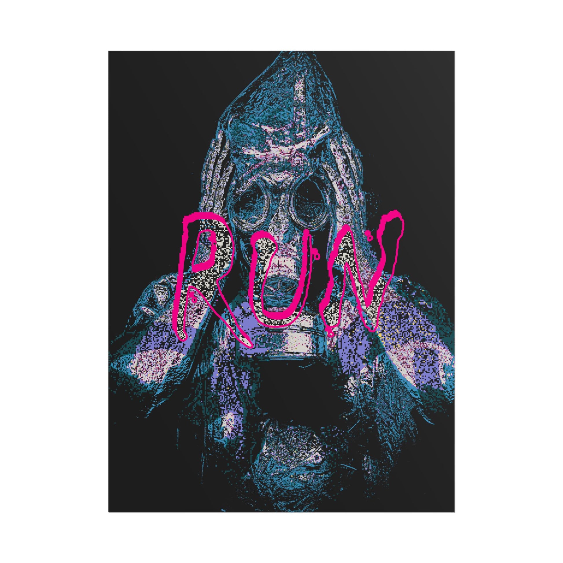 "Pixel art illustration of a mysterious figure wearing a detailed gas mask and goggles, with bold pink graffiti text 'RUN' overlaid, symbolizing urgency and urban street art in a retro digital style."



