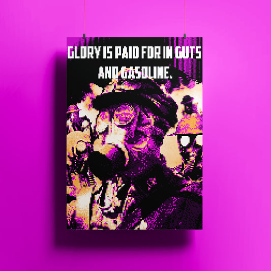 This striking pixel art piece depicts a rebellious musician wearing a gas mask, evoking themes of resilience and defiance amidst chaos. The vibrant colors and gritty details emphasize a war-torn aesthetic, symbolizing the struggle and resilience of creative expression in turbulent times. Blending digital artistry with powerful war references, this artwork captures a sense of urgency and resistance, making it a compelling statement on the resilience of art and music in the face of conflict.

