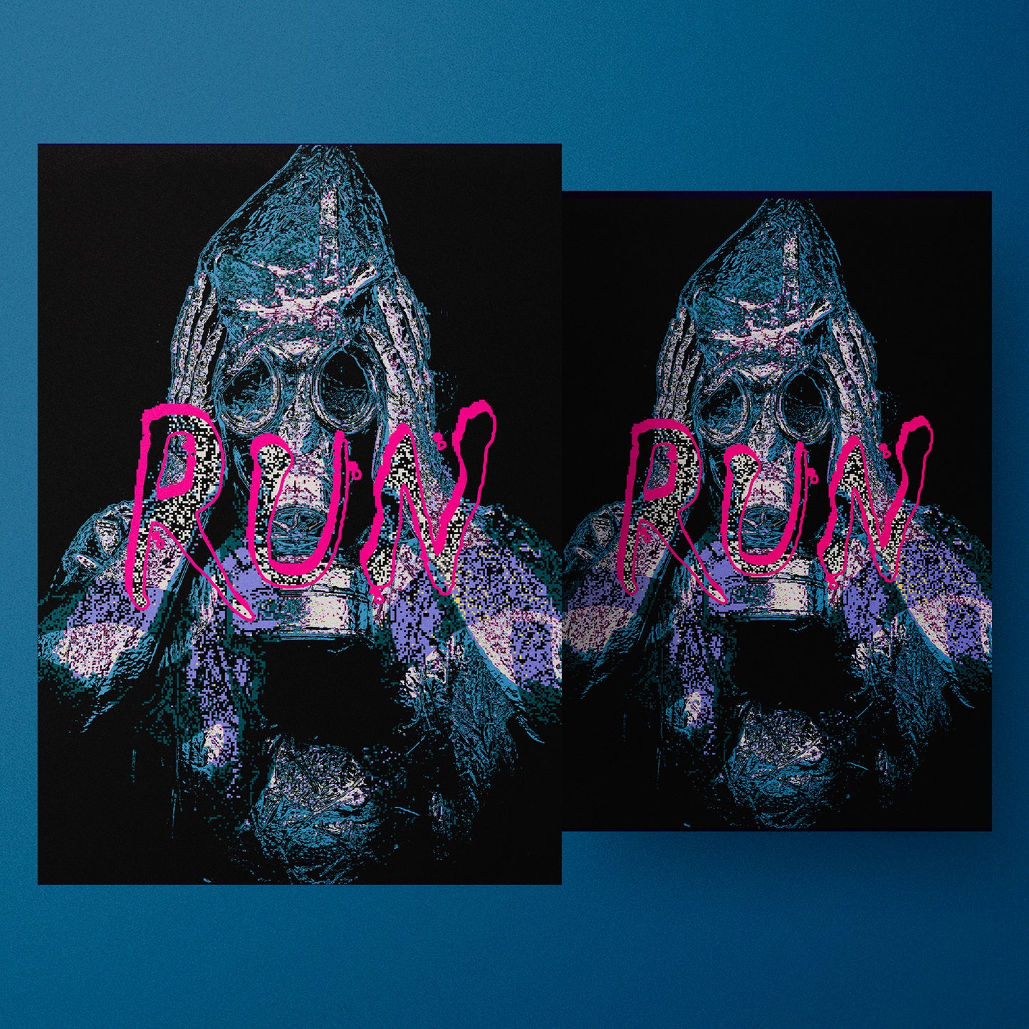 "Pixel art illustration of a mysterious figure wearing a detailed gas mask and goggles, with bold pink graffiti text 'RUN' overlaid, symbolizing urgency and urban street art in a retro digital style."

