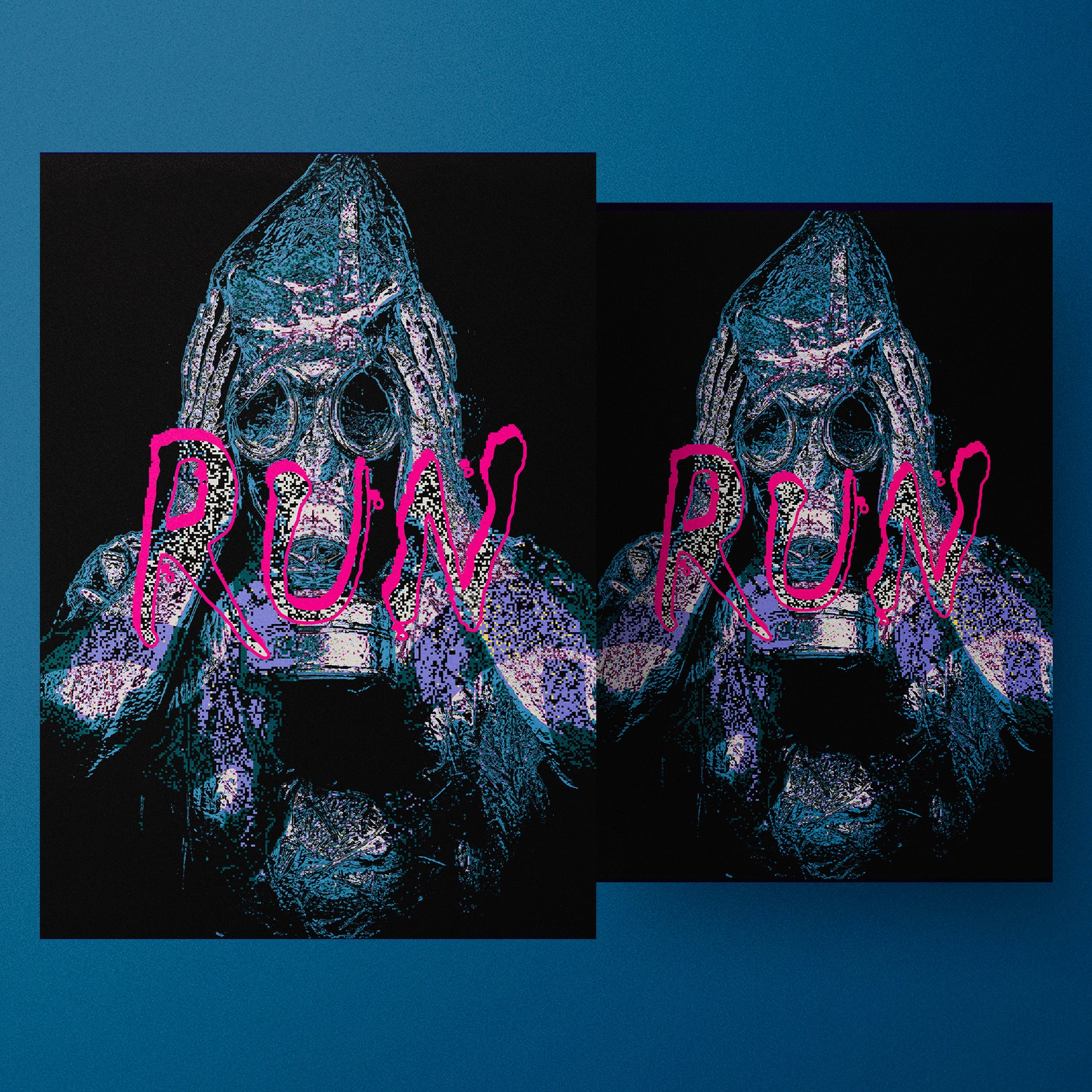 "Pixel art illustration of a mysterious figure wearing a detailed gas mask and goggles, with bold pink graffiti text 'RUN' overlaid, symbolizing urgency and urban street art in a retro digital style."

