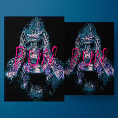 "Pixel art illustration of a mysterious figure wearing a detailed gas mask and goggles, with bold pink graffiti text 'RUN' overlaid, symbolizing urgency and urban street art in a retro digital style."

